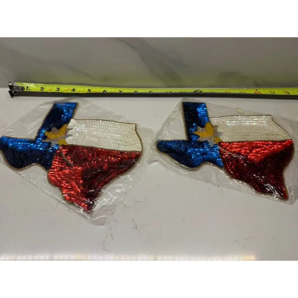 Vintage New Texas Yellow Rose Red Blue Sequin Beaded Patch Appliqué Set of 2